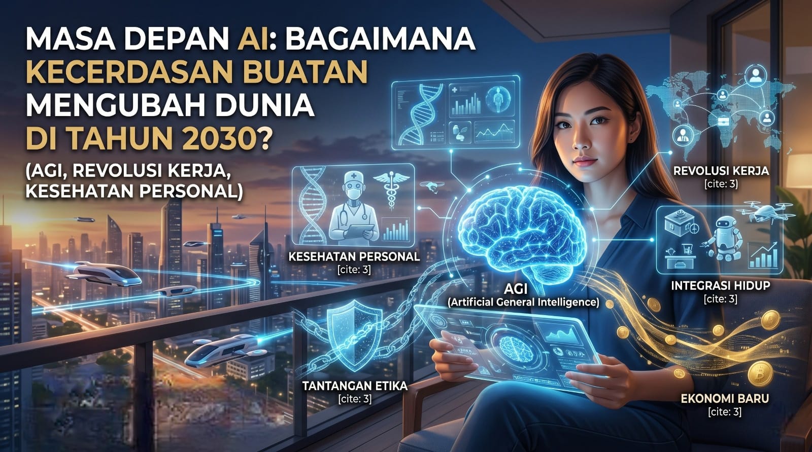 Ilustrasi masa depan AI dan Kecerdasan Buatan yang terintegrasi dengan kehidupan manusia